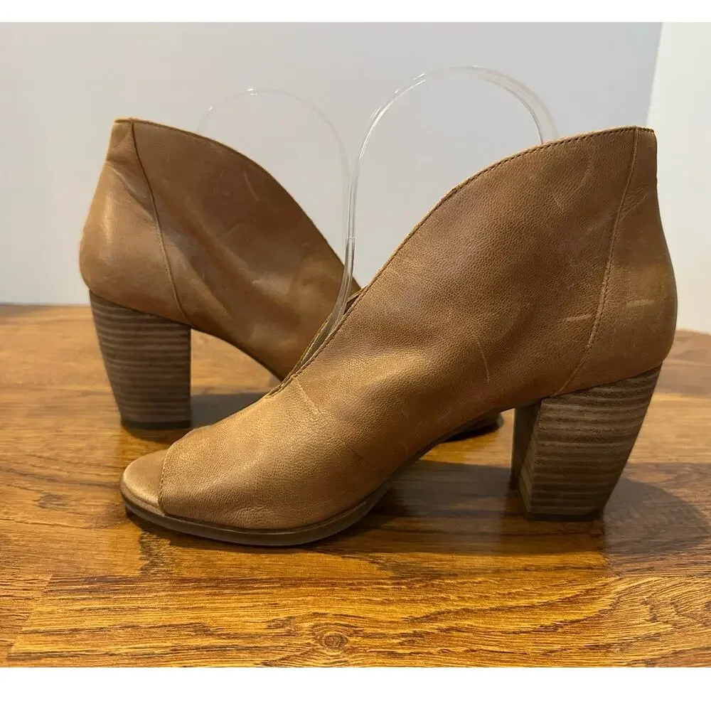 Lucky Brand Joal Peep Toe Leather Booties Women’s 8.5M Tan Block Heel Shoes